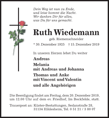 Traueranzeige von Ruth Wiedemann von Hildesheimer Allgemeine Zeitung