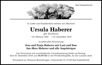 Traueranzeige von Ursula Haberer von Hildesheimer Allgemeine Zeitung