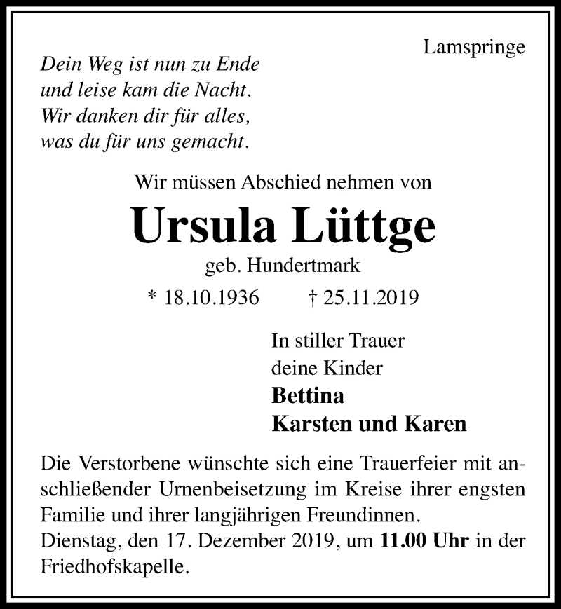  Traueranzeige für Ursula Lüttge vom 11.12.2019 aus Hildesheimer Allgemeine Zeitung