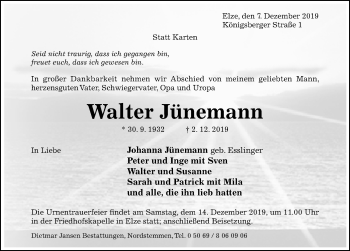 Traueranzeige von Walter Jünemann von Hildesheimer Allgemeine Zeitung