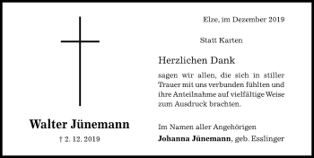 Traueranzeige von Walter Jünemann von Hildesheimer Allgemeine Zeitung