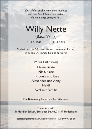 Traueranzeige von Willy Nette von Hildesheimer Allgemeine Zeitung