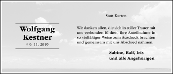 Traueranzeige von Wolfgang Kestner von Hildesheimer Allgemeine Zeitung