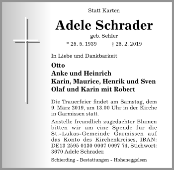 Traueranzeige von Adele Schrader von Hildesheimer Allgemeine Zeitung