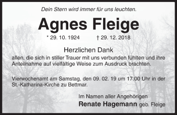 Traueranzeige von Agnes Fleige von Hildesheimer Allgemeine Zeitung