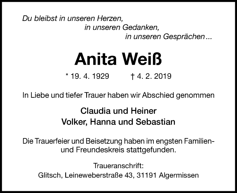  Traueranzeige für Anita Weiß vom 23.02.2019 aus Hildesheimer Allgemeine Zeitung