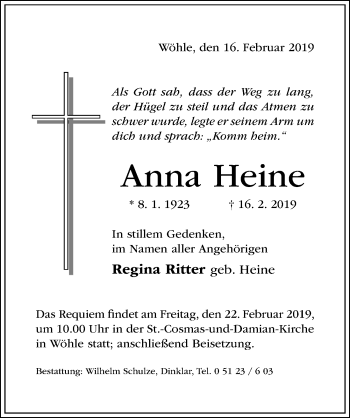 Traueranzeige von Anna Heine von Hildesheimer Allgemeine Zeitung