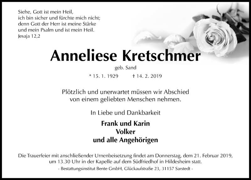  Traueranzeige für Anneliese Kretschmer vom 16.02.2019 aus Hildesheimer Allgemeine Zeitung