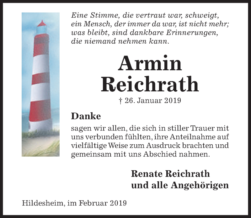  Traueranzeige für Armin Reichrath vom 23.02.2019 aus Hildesheimer Allgemeine Zeitung