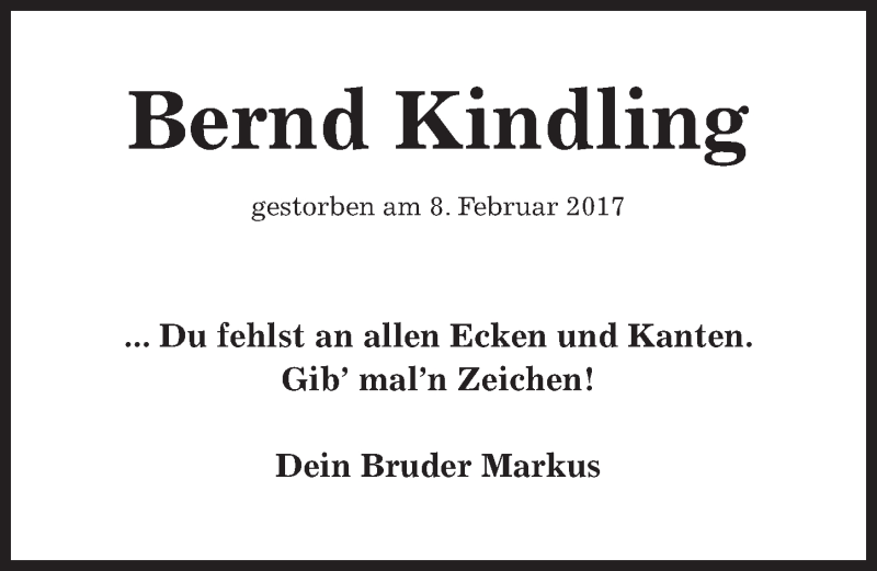  Traueranzeige für Bernd Kindling vom 09.02.2019 aus Hildesheimer Allgemeine Zeitung