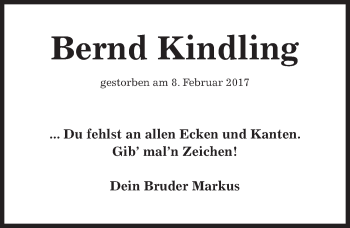 Traueranzeige von Bernd Kindling von Hildesheimer Allgemeine Zeitung