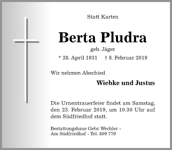 Traueranzeige von Berta Pludra von Hildesheimer Allgemeine Zeitung