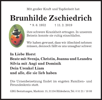 Traueranzeige von Brunhilde Zschiedrich von Hildesheimer Allgemeine Zeitung