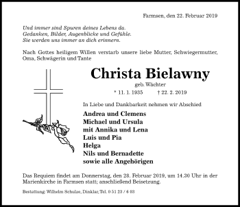 Traueranzeige von Christa Bielawny von Hildesheimer Allgemeine Zeitung