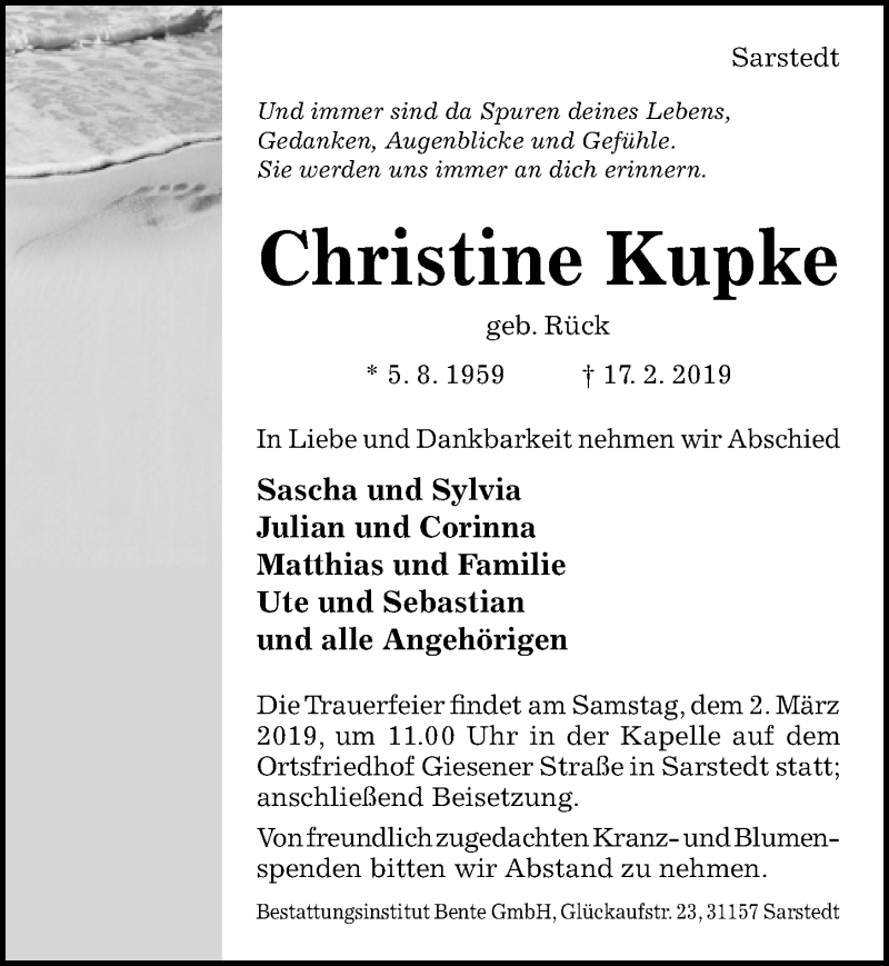  Traueranzeige für Christine Kupke vom 23.02.2019 aus Hildesheimer Allgemeine Zeitung