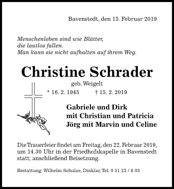 Traueranzeige von Christine Schrader von Hildesheimer Allgemeine Zeitung