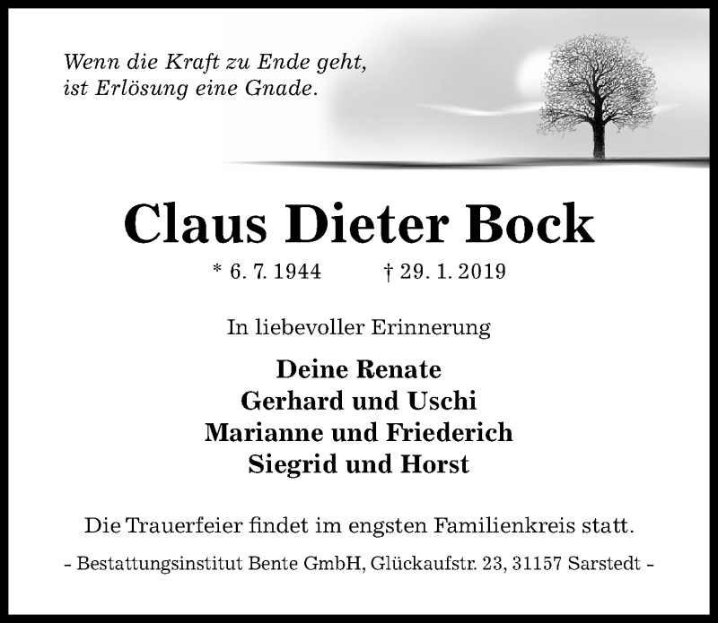  Traueranzeige für Claus Dieter Bock vom 02.02.2019 aus Hildesheimer Allgemeine Zeitung