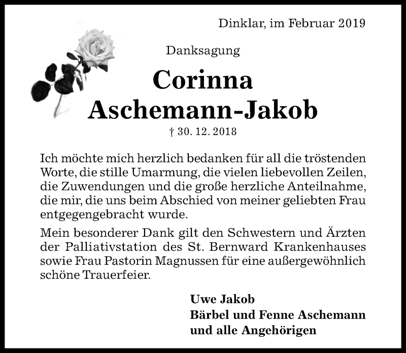  Traueranzeige für Corinna Aschemann-Jakob vom 09.02.2019 aus Hildesheimer Allgemeine Zeitung