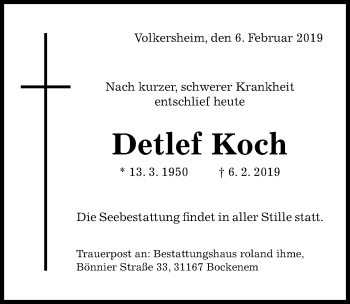 Traueranzeige von Detlef Koch von Hildesheimer Allgemeine Zeitung