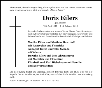 Traueranzeige von Doris Eilers von Hildesheimer Allgemeine Zeitung