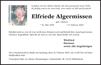 Traueranzeige von Elfriede Algermissen von Hildesheimer Allgemeine Zeitung