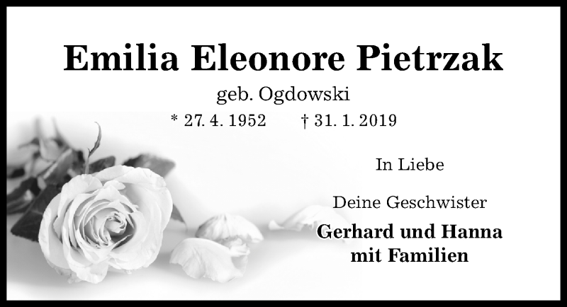  Traueranzeige für Emilia Eleonore Pietrzak vom 07.02.2019 aus Hildesheimer Allgemeine Zeitung