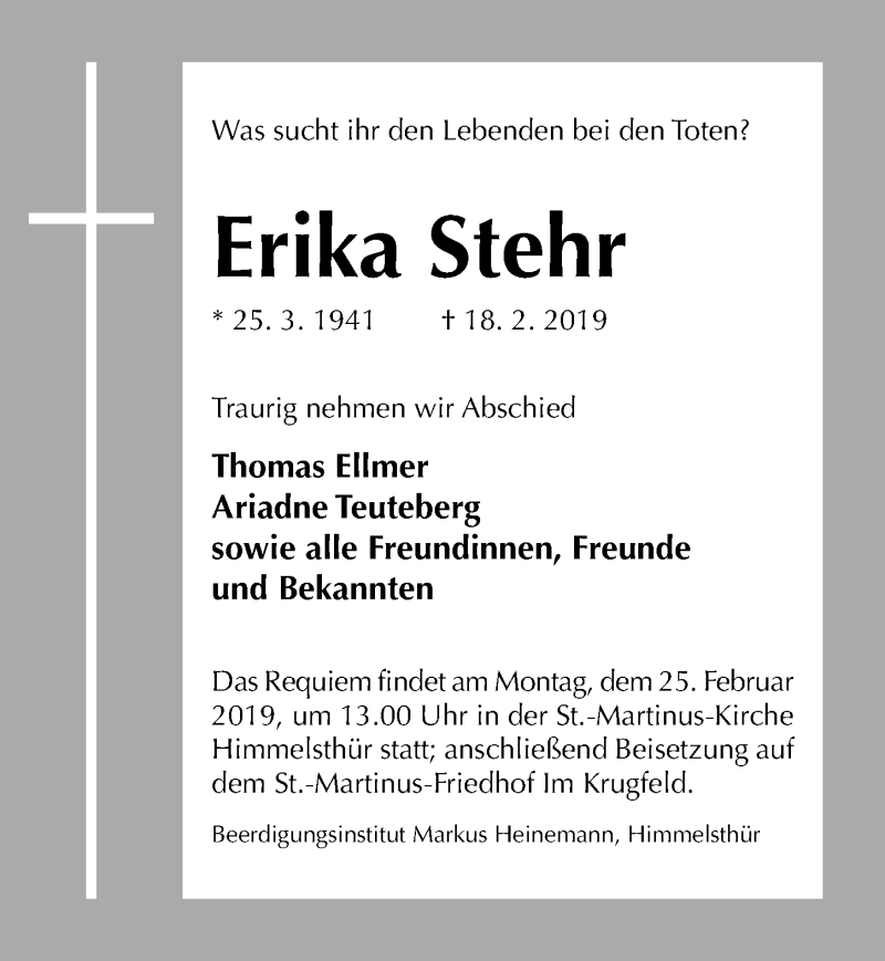  Traueranzeige für Erika Stehr vom 21.02.2019 aus Hildesheimer Allgemeine Zeitung