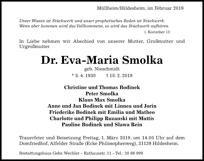  Traueranzeige für Eva-Maria Smolka vom 23.02.2019 aus Hildesheimer Allgemeine Zeitung