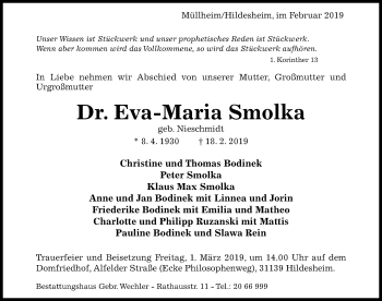 Traueranzeige von Eva-Maria Smolka von Hildesheimer Allgemeine Zeitung