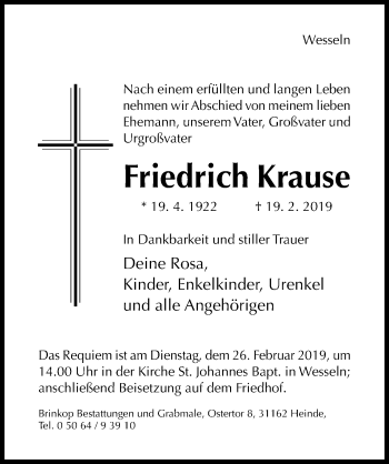 Traueranzeige von Friedrich Krause von Hildesheimer Allgemeine Zeitung