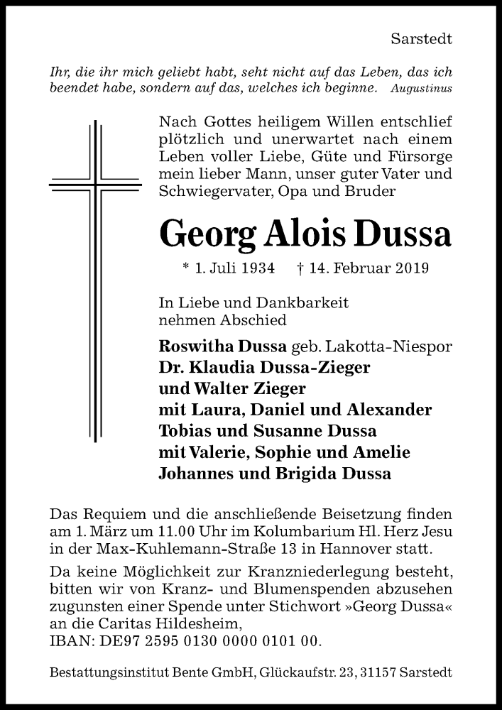  Traueranzeige für Georg Alois Dussa vom 23.02.2019 aus Hildesheimer Allgemeine Zeitung