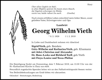 Traueranzeige von Georg Wilhelm Vieth von Hildesheimer Allgemeine Zeitung