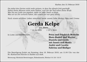 Traueranzeige von Gerda Kelpe von Hildesheimer Allgemeine Zeitung