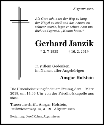 Traueranzeige von Gerhard Janzik von Hildesheimer Allgemeine Zeitung