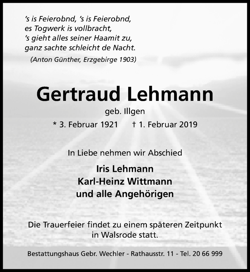  Traueranzeige für Gertraud Lehmann vom 09.02.2019 aus Hildesheimer Allgemeine Zeitung