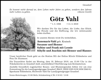 Traueranzeige von Götz Vahl von Hildesheimer Allgemeine Zeitung