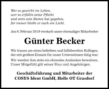 Traueranzeige von Günter Becker von Hildesheimer Allgemeine Zeitung