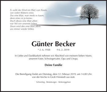 Traueranzeige von Günter Becker von Hildesheimer Allgemeine Zeitung