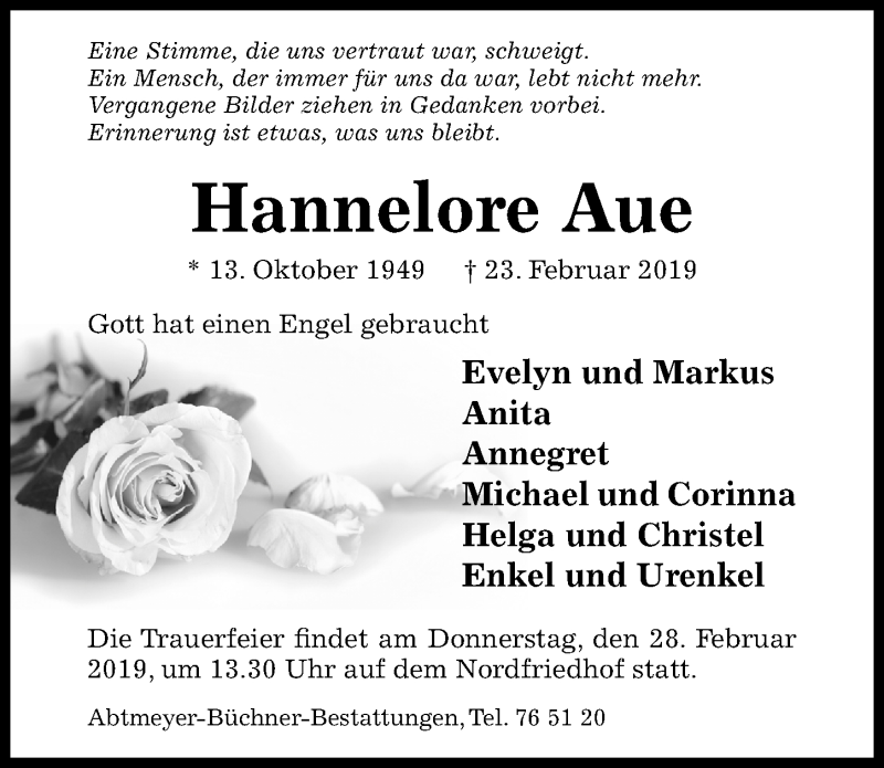  Traueranzeige für Hannelore Aue vom 27.02.2019 aus Hildesheimer Allgemeine Zeitung