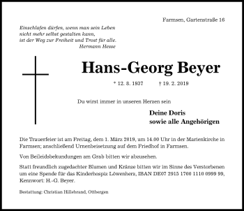 Traueranzeige von Hans-Georg Beyer von Hildesheimer Allgemeine Zeitung