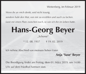 Traueranzeige von Hans-Georg Beyer von Hildesheimer Allgemeine Zeitung