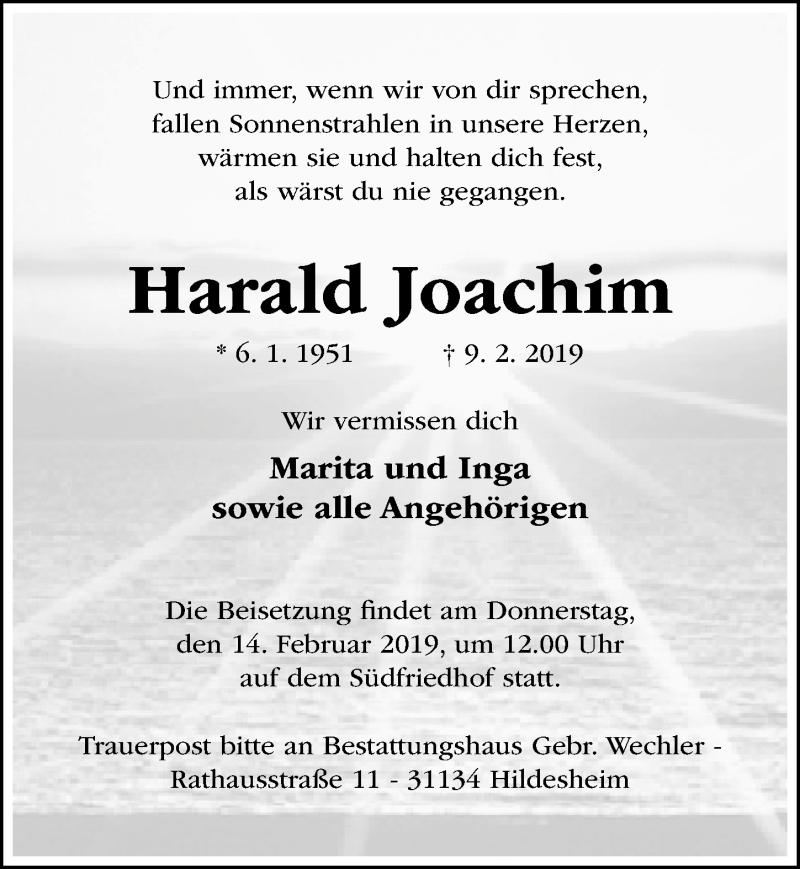  Traueranzeige für Harald Joachim vom 12.02.2019 aus Hildesheimer Allgemeine Zeitung