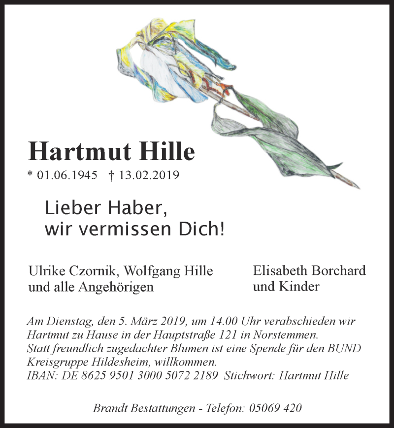  Traueranzeige für Hartmut Hille vom 27.02.2019 aus Hildesheimer Allgemeine Zeitung