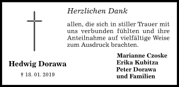 Traueranzeige von Hedwig Dorawa von Hildesheimer Allgemeine Zeitung