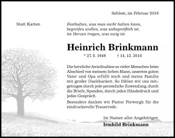 Traueranzeige von Heinrich Brinkmann von Hildesheimer Allgemeine Zeitung