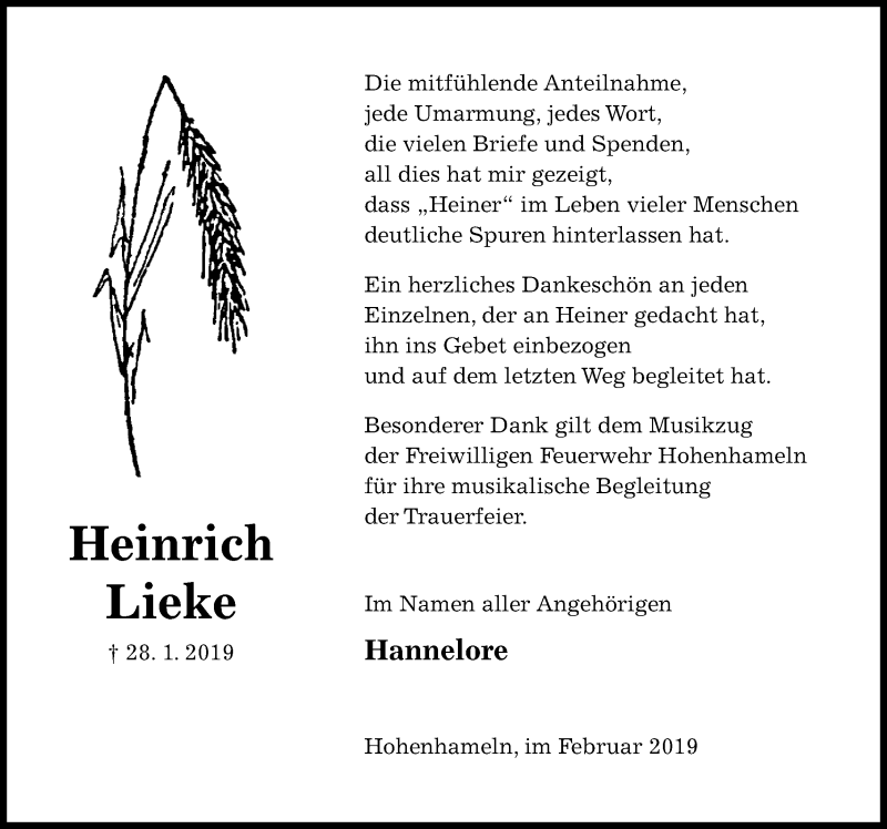  Traueranzeige für Heinrich Lieke vom 16.02.2019 aus Hildesheimer Allgemeine Zeitung