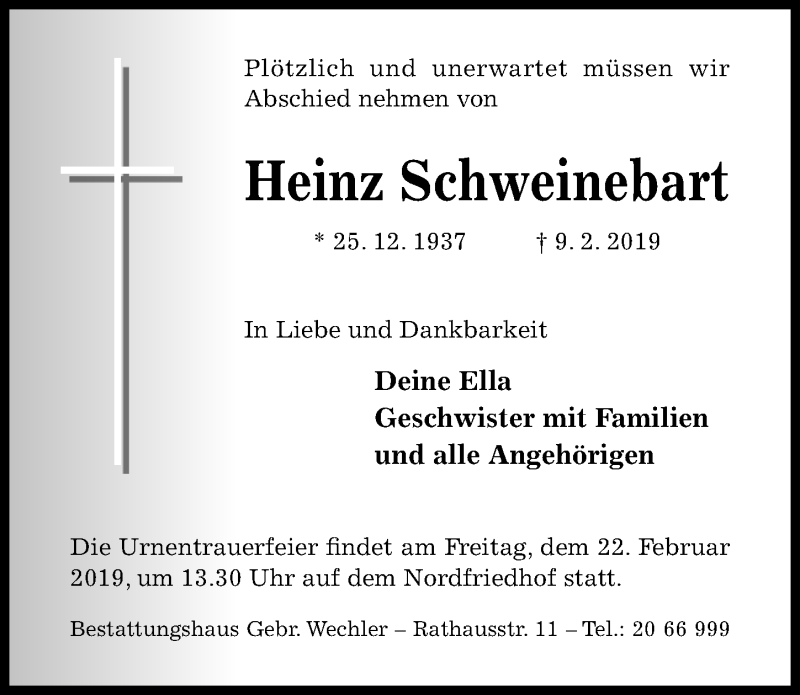  Traueranzeige für Heinz Schweinebart vom 16.02.2019 aus Hildesheimer Allgemeine Zeitung