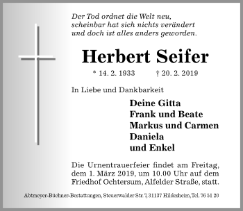 Traueranzeige von Herbert Seifer von Hildesheimer Allgemeine Zeitung