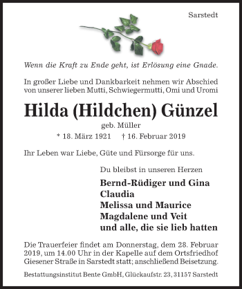 Traueranzeige von Hilda Günzel von Hildesheimer Allgemeine Zeitung