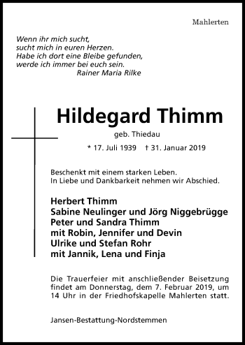 Traueranzeige von Hildegard Thimm von Hildesheimer Allgemeine Zeitung